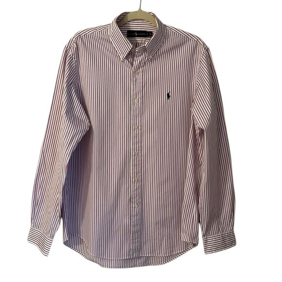 Ralph Lauren Shirt Mens Pink White Striped Classic Fit Stretch Long Sleeve Sz. L - Picture 1 of 9